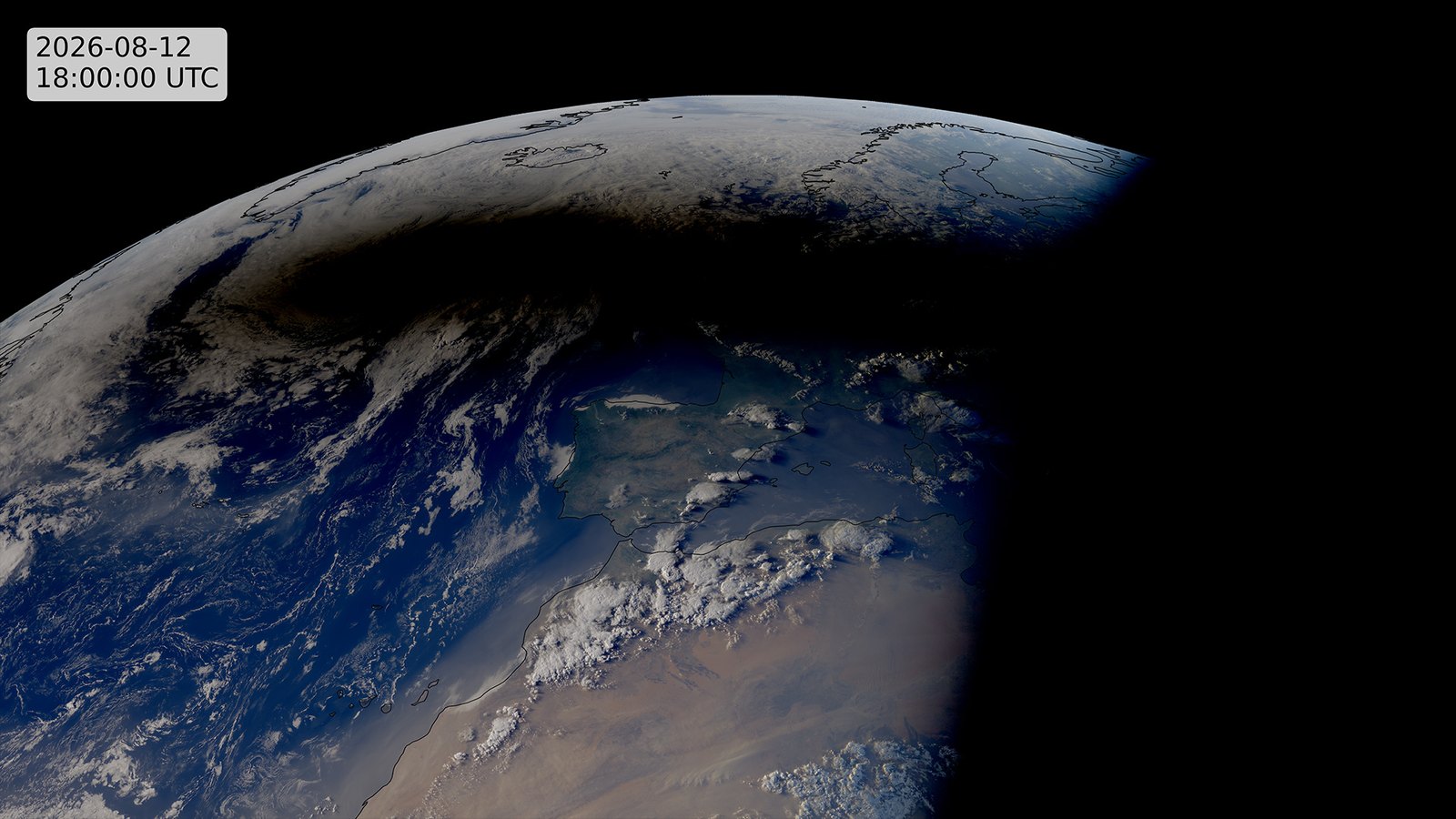 Meteosat-12 satellite view of Earth on 12 August 2026 at 18:00 UTC. Iberia, Portugal and northwest Africa lie in full sunlight across the lower half; the Moon's umbral shadow appears as a dark patch over the North Atlantic in the upper centre, just inside the curved day–night terminator, with Iceland and Greenland near the top.