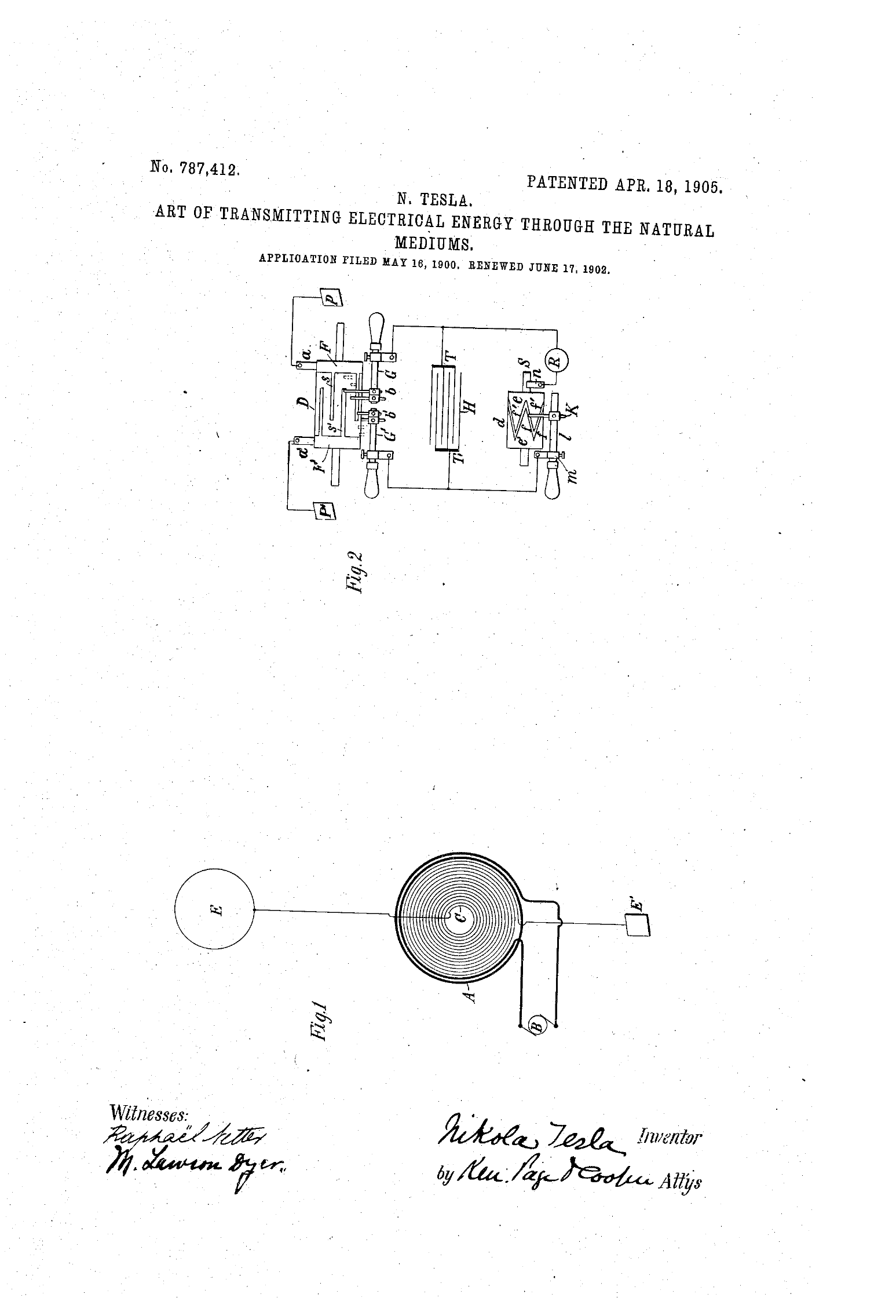 Tesla Patent US 787412 — full patent page with spherical Earth in Figure 1