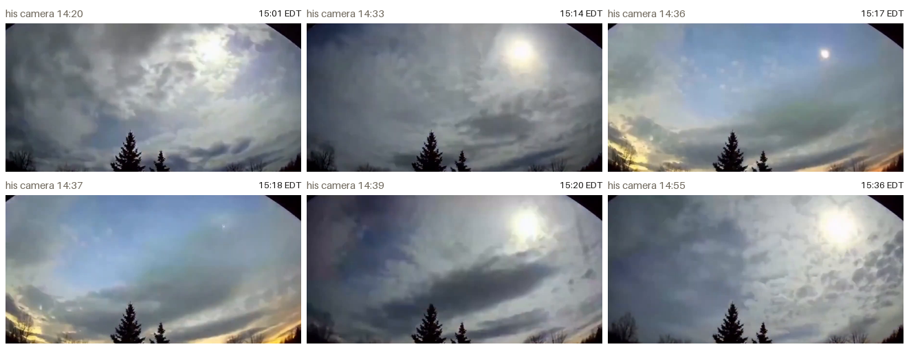 Six frames from his fixed fisheye camera through the afternoon of 8 April 2024, in two rows of three, labelled with his camera clock and the corresponding EDT. In the frames at camera 14:36 and 14:37 the Sun has shrunk to a dim point and orange twilight colour runs along the horizon on both the left and the right of the frame at once; the frames either side of them show ordinary overcast daylight with a bright Sun.