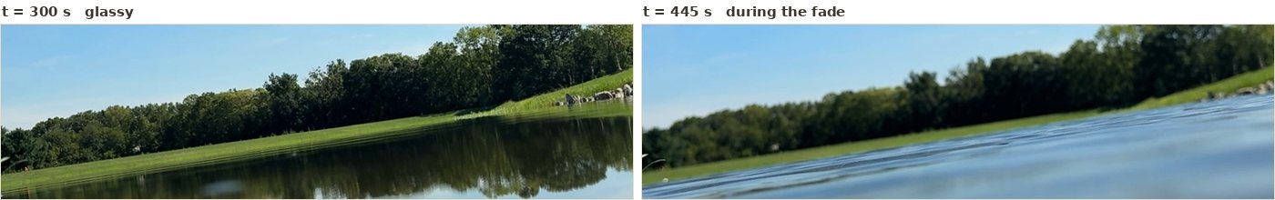 Two frames of the far bank side by side. At t equals 300 seconds the water is mirror-smooth and the treeline's reflection runs unbroken down to the waterline, with a bright strip of grass visible below the trees. At t equals 445 seconds the near water is ruffled and blurred and has risen in the frame to cover the waterline.
