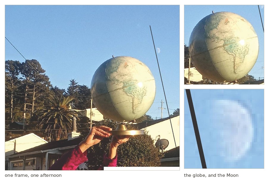 Left: a photograph taken on a clear afternoon, showing a school globe held up at arm's length against a blue sky, with a small gibbous Moon visible in the same frame above and to the right of it, among power lines and rooftops. Right, two magnified crops from the same photograph: the globe, lit from the upper right with its lower left in shadow, and the Moon, lit on its right with the terminator running down its left side. Both lit sides face the same way.