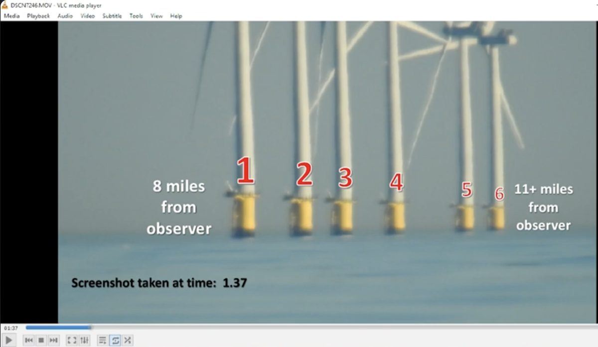 Six Rampion wind turbines labelled 1 to 6, filmed from Worthing Beach, annotated 8 miles to 11-plus miles from the observer; the bases meet a bright hazy band above the textured sea.