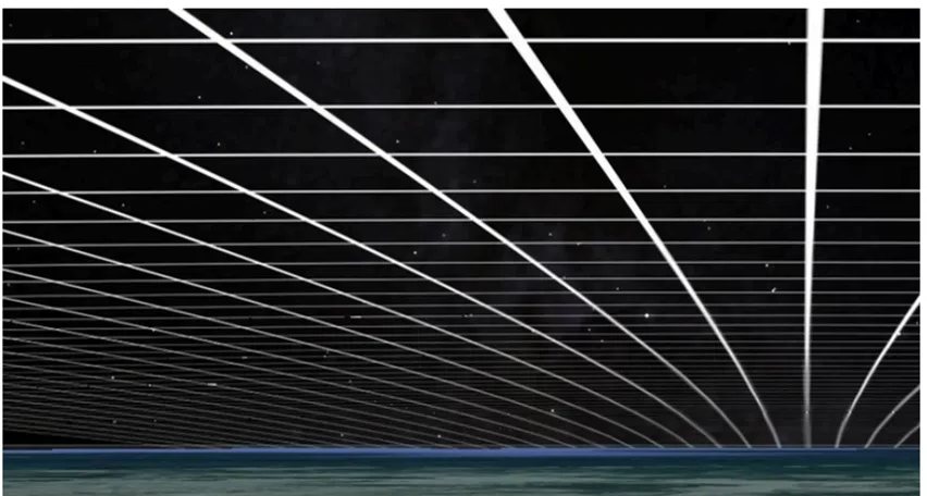 The book's illustration: a dark sky filled with a grid of white lines. Lines run from the top of the frame down to the horizon, bending as they descend, while nearly horizontal lines stack more and more closely together as they approach the horizon. All of them converge on the horizon line above a green sea.